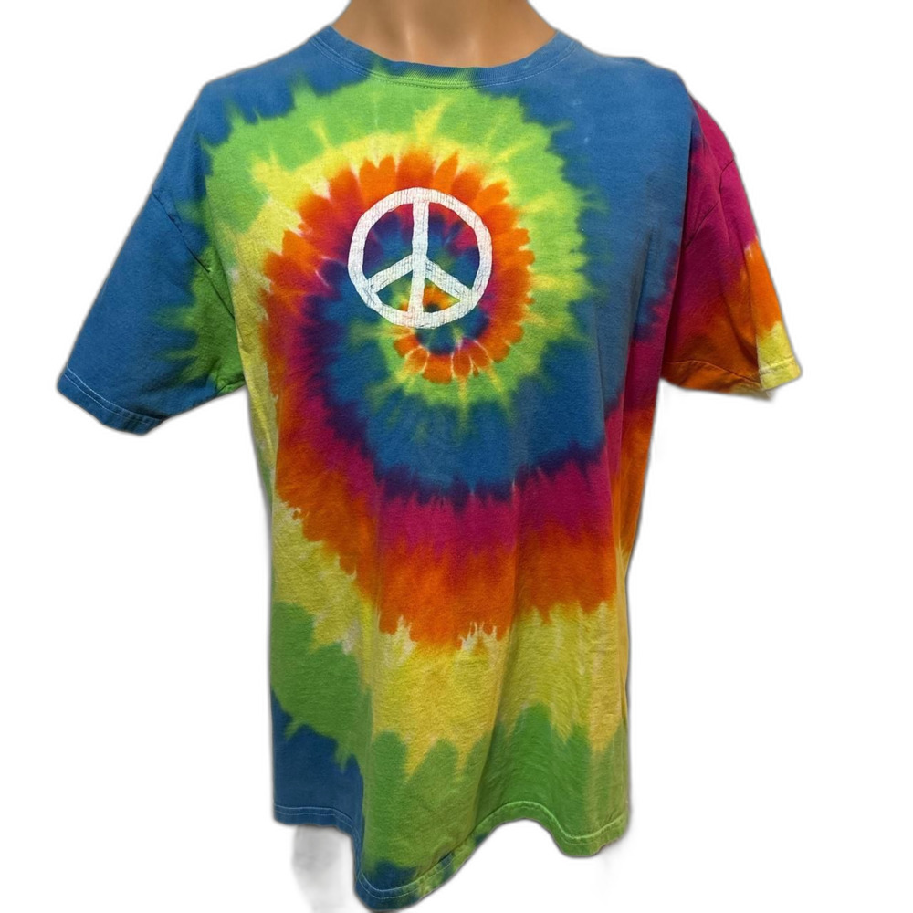 Vintage Bright Tye-die T-Shirt with Peace Sign XL 100% Cotton USA